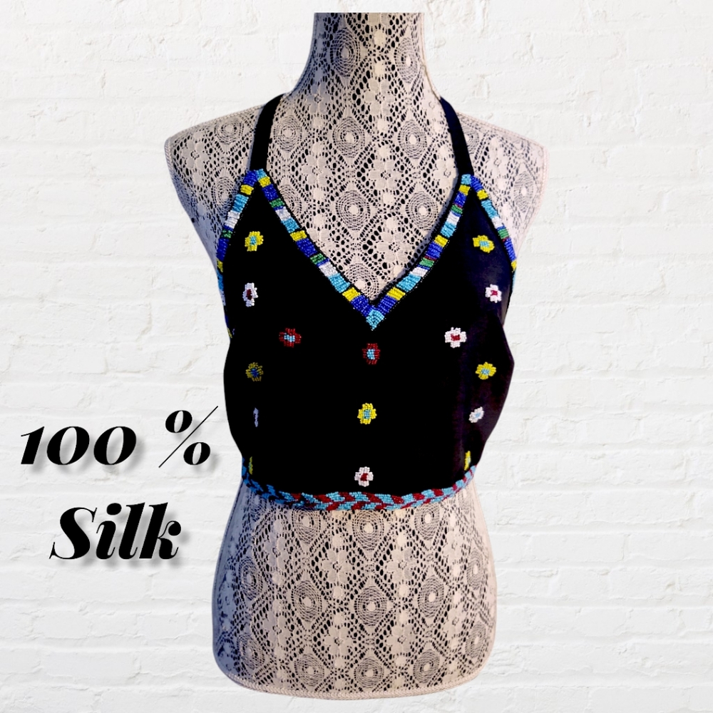 Tempesta Gruppo Americano - 100% silk tie back crop top with bead details